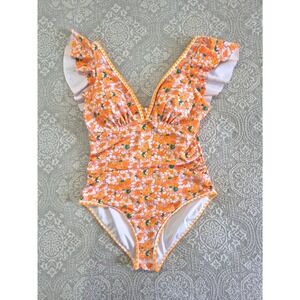 Aidonger Orange Floral Ruffle One Piece Swimsuit Womens Large V-Neck Ruched